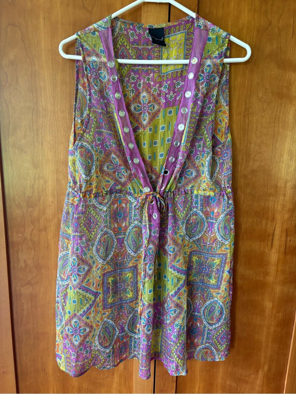 Cejon Vibrant beach, cover-up Tie-Front Mini Dress in purple Pink & Yellow green